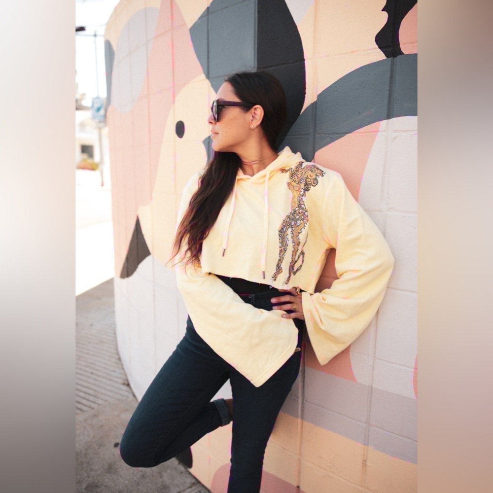 Yellow/ Coral Cropped Hoodie with Embellishment by Sugar Britches.